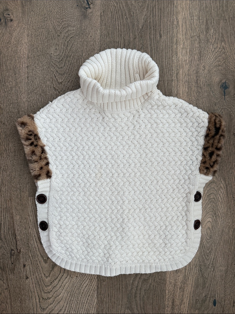 Girls' Cream Turtleneck Knit Poncho with Faux Fur Trim